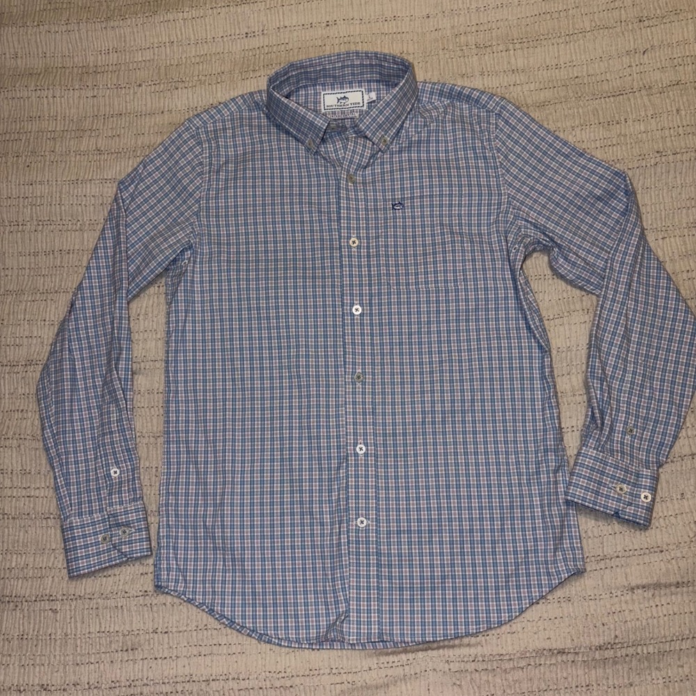 Southern Tide Kids Intercoastal Blue Plaid Button Down Shirt Size L 12-14